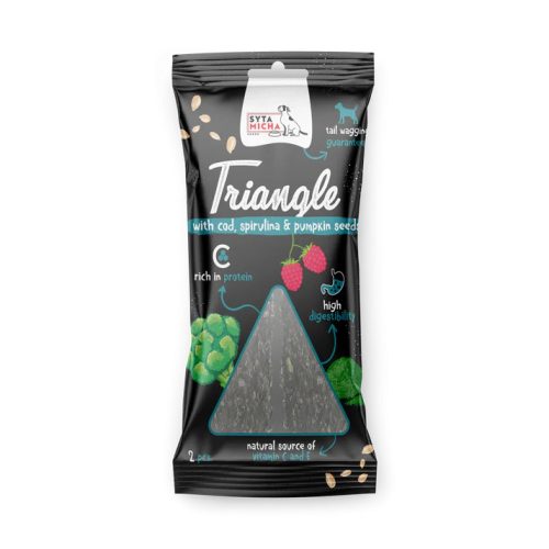 Háromszög rágócsont Tőkehallal, Szarvassal és Spirulinával 13 cm - 2 db (Syta Micha)