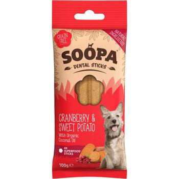 Vörösáfonya és Édesburgonya Dental Sticks 100 g (Soopa)