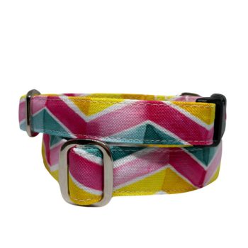   Pink-Fehér-Sárga-Zöld mintás nyakörv 2.5 cm széles - M méret - (műanyag csattal)