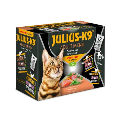 Felnőtt Menü ( Special Pack ) (lazac-tonhal, csirke-pulyka szószban) macskák részére ( 12x100g ) - Julius-K9